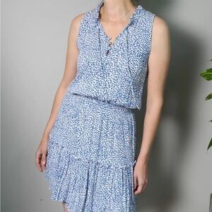 Lovestitch mid length ruched waist tiered skirt blue and white dress sleeveless